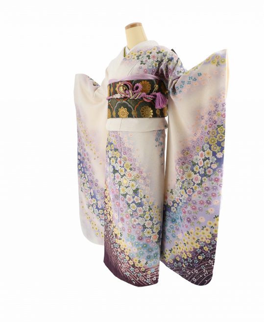 成人式振袖[絞り染め]白に裾紫・藤色と薄黄の細かい花柄[身長161cmまで]No.600